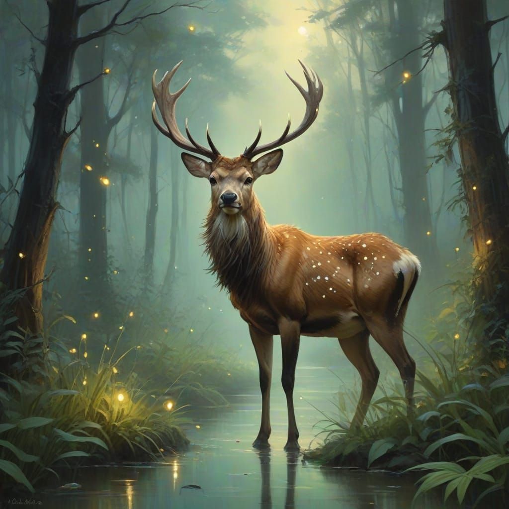 Whimsical Autumn Stag in a Misty Forest
