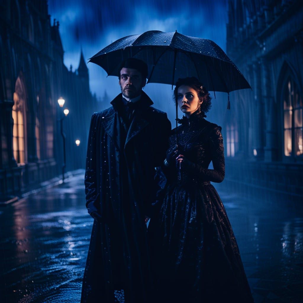 Gothic Couple in Rainy Night Portrait