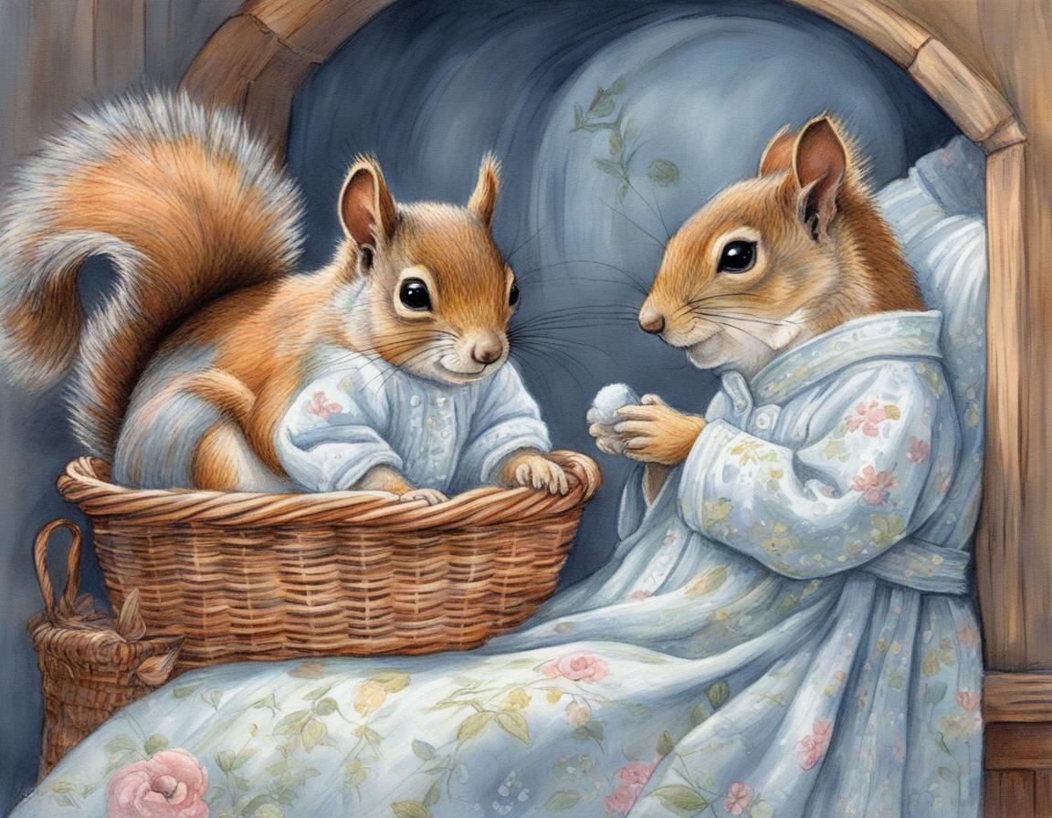 Pastel Cartoon Squirrel Bedtime Scene