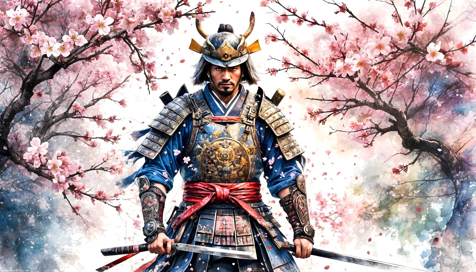 Cherry Blossom Samurai in Watercolour Style