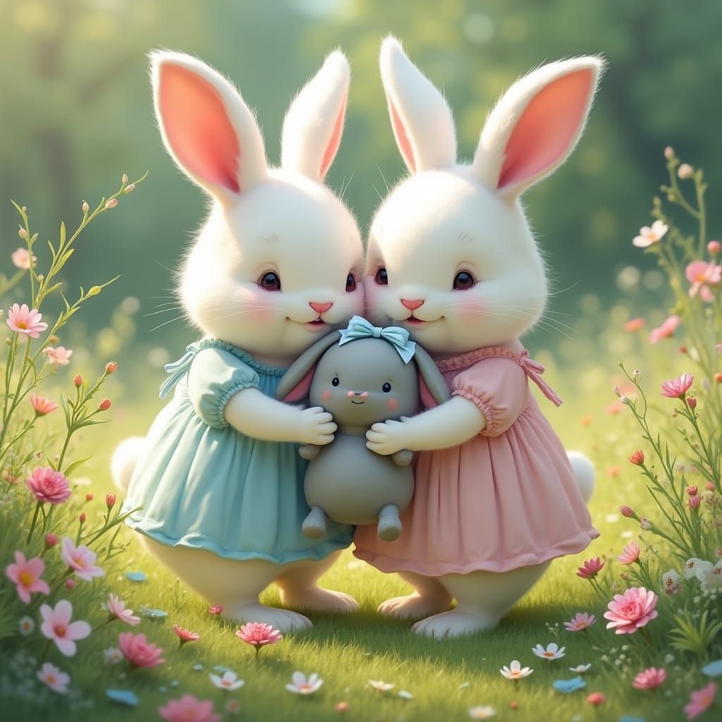 Chubby Bunnies Hugging Plush Toys in Meadow, Digital Art