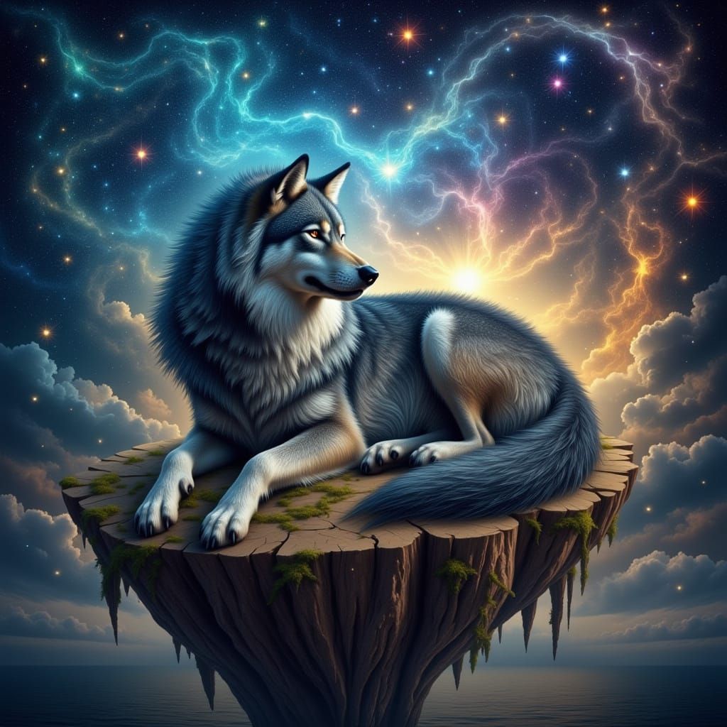 Starlit Dire-Wolf on Floating Island in Cosmic Oil Painting ...