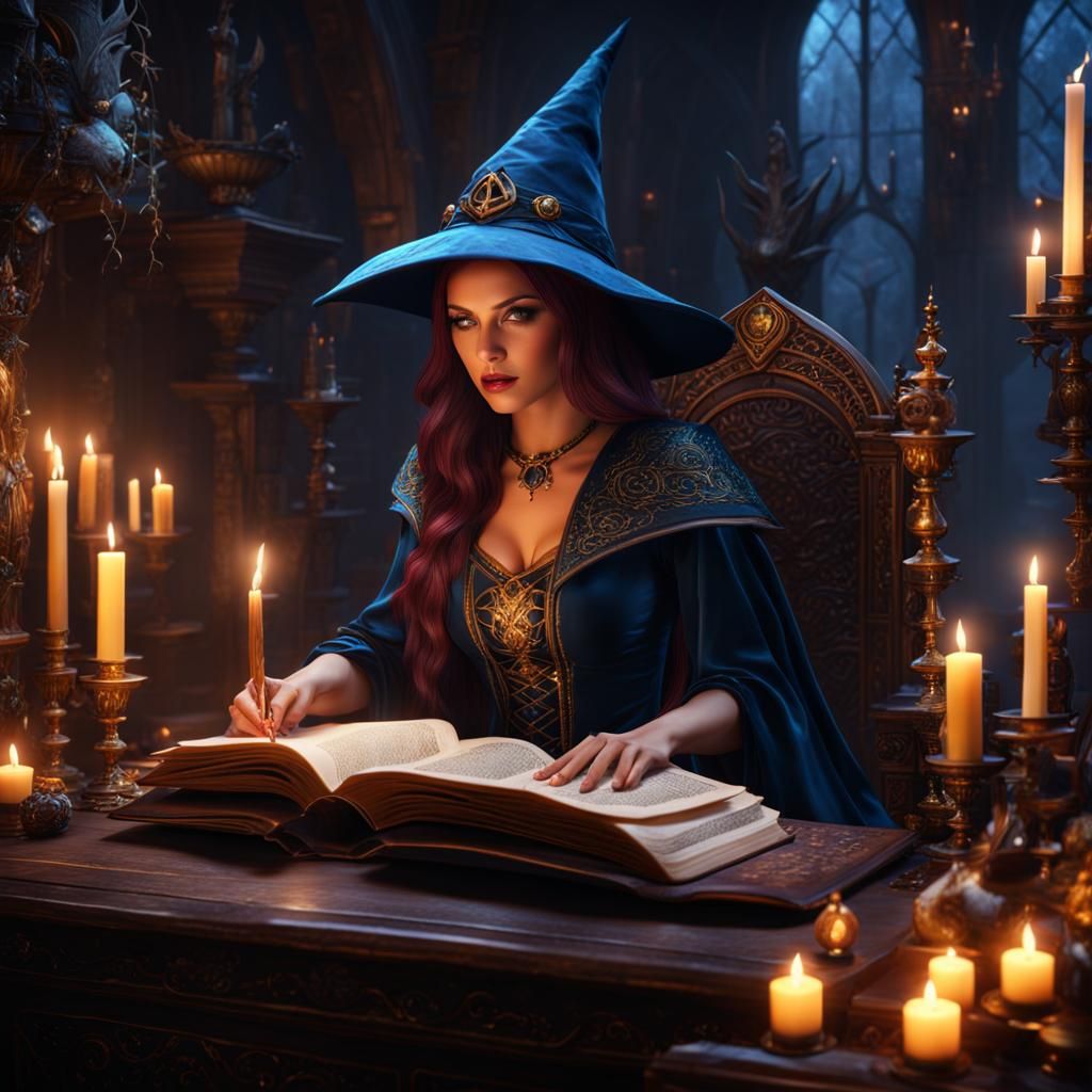 Enchanting Witch Consults Grimoire in a Fantasy Painting