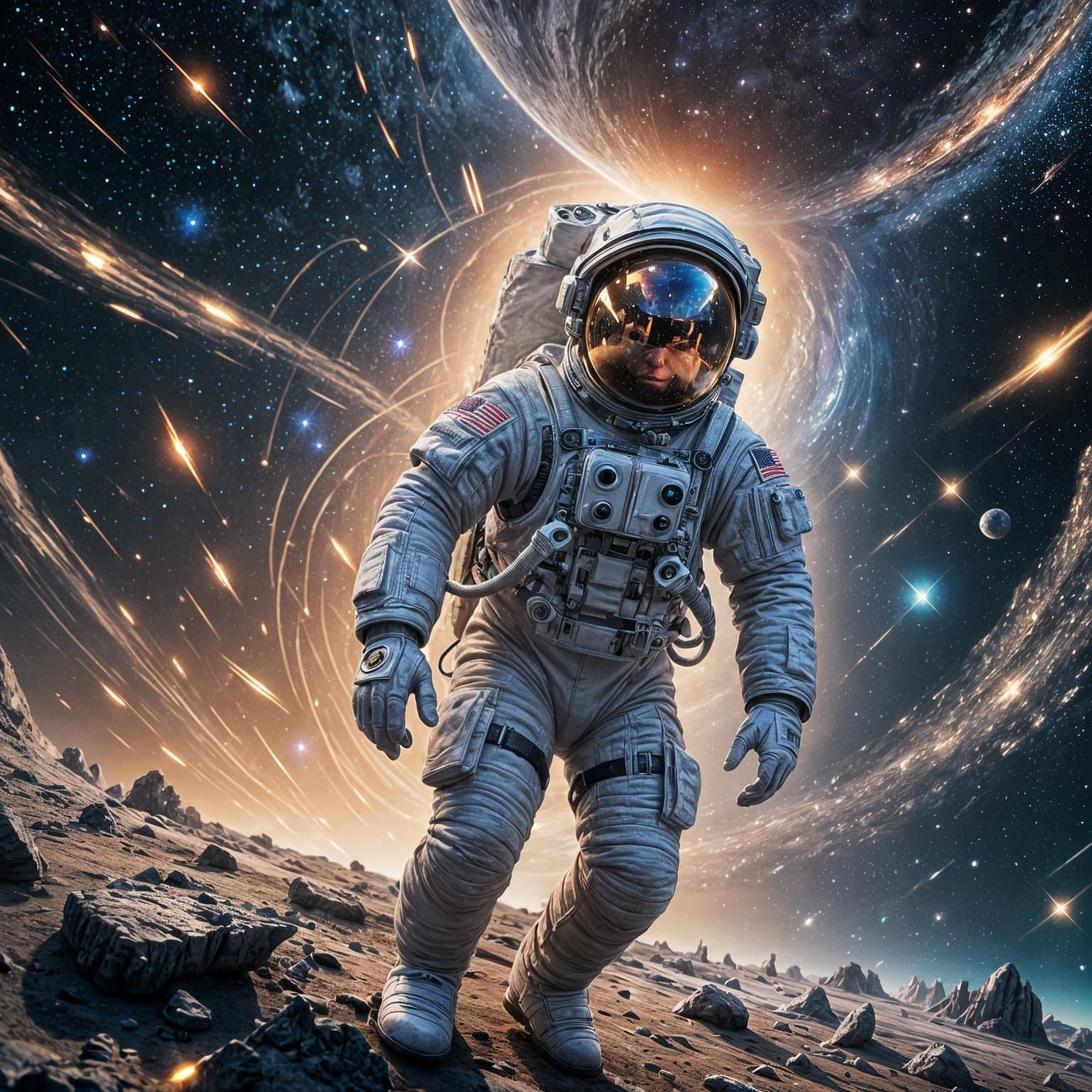 Astronaut Spacewalk Under Shooting Stars, 3D Render