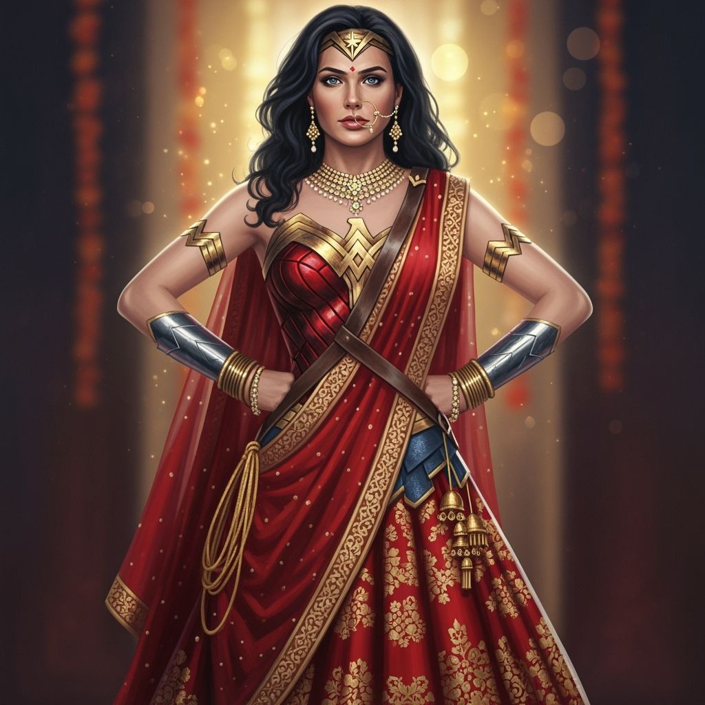 Wonder Woman as Indian Bride in Red and Gold Lehenga