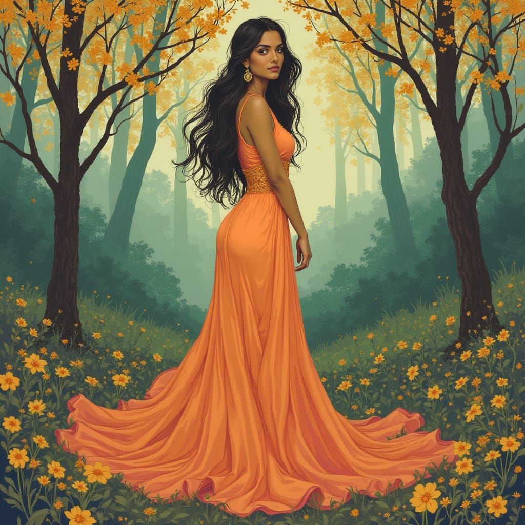 Elegant Woman in Gown, Art Nouveau Style