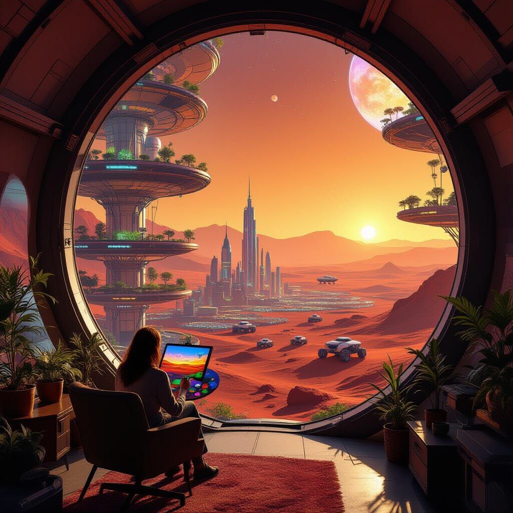 Artist Paints Martian City Through Dome Window