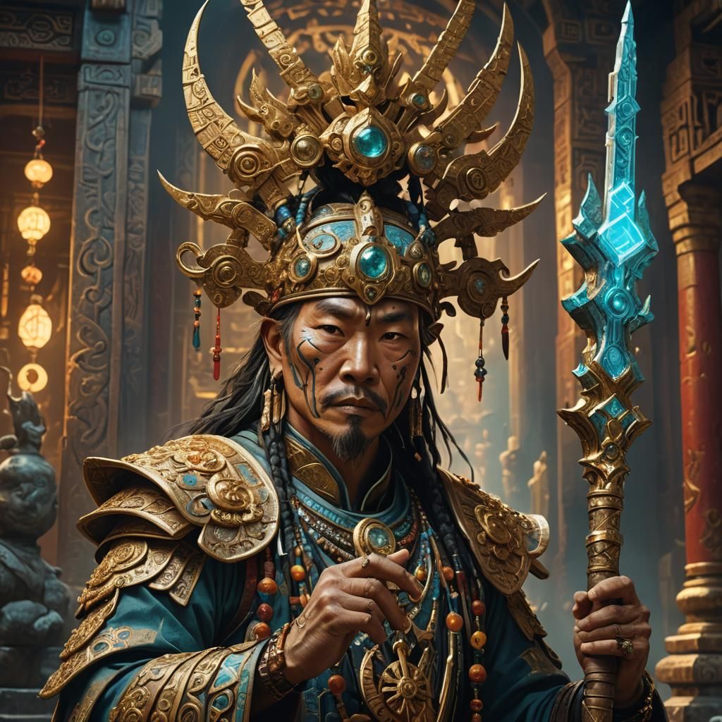Ornated Yuan-Ti Warrior in Mystical Temple