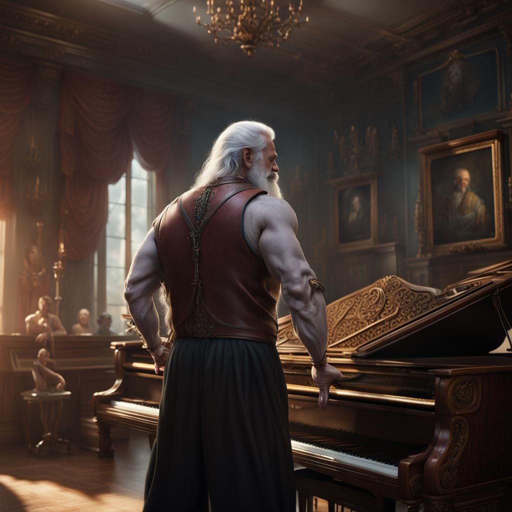 Man with White Beard at Piano: Detailed Matte Painting
