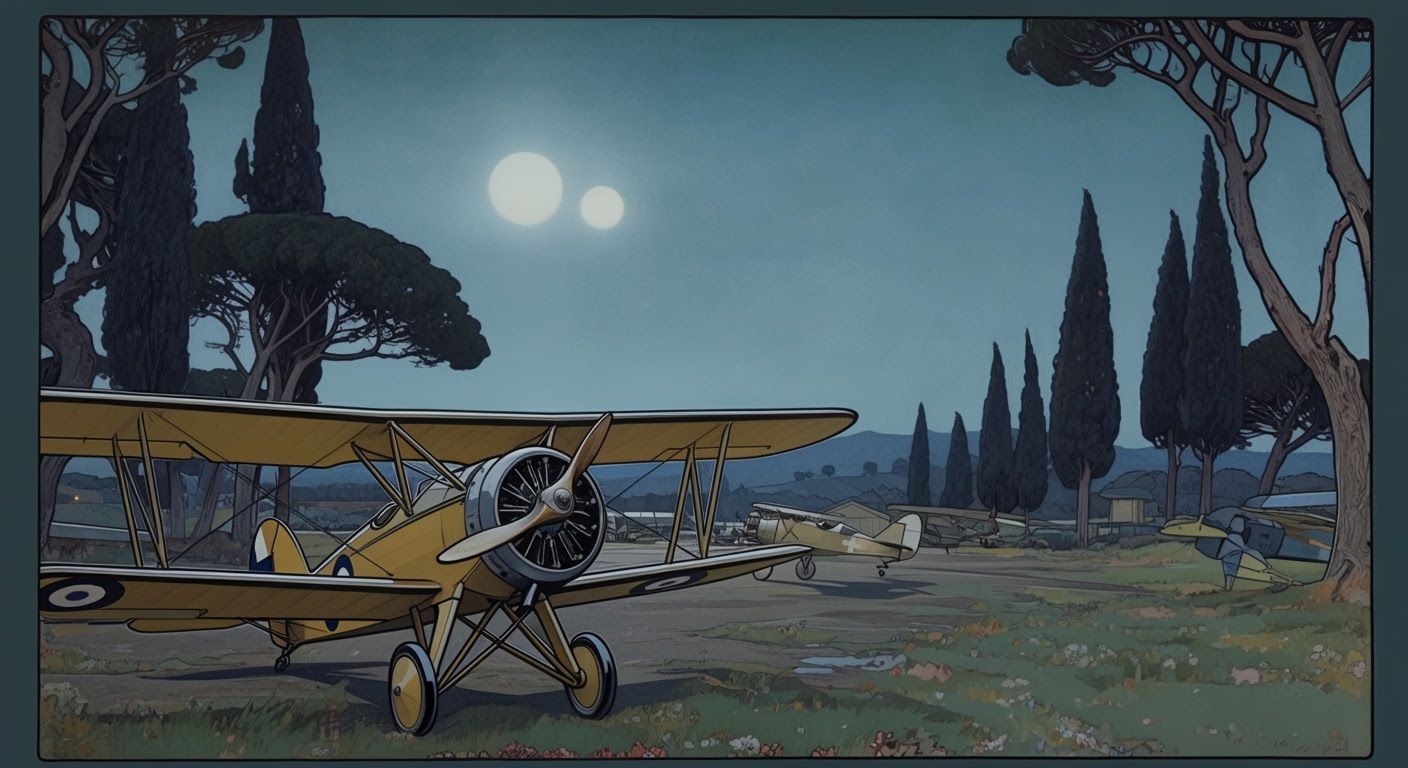 Art Nouveau Aerodrome at Night Under Two Moons