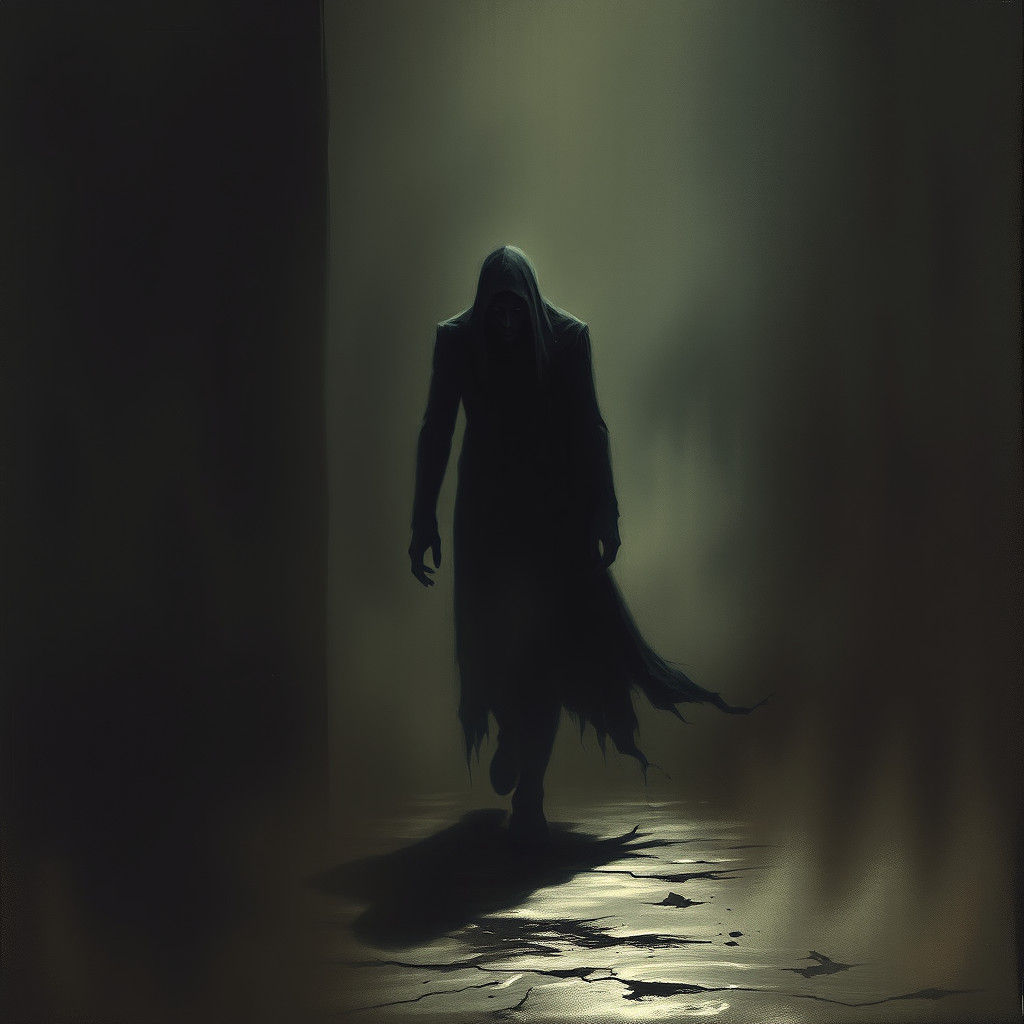 Ominous Figure Emerging from Shadows in Dark Fantasy Style