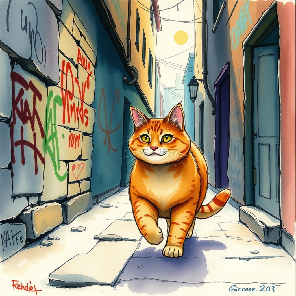 Vintage-Style Watercolor Alley Cat