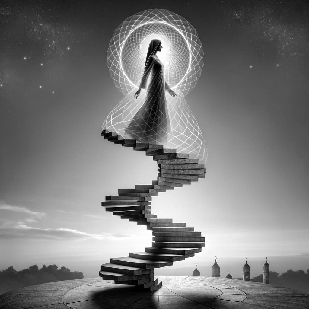 Surreal Woman Ascends Stone Stairway into Constellations
