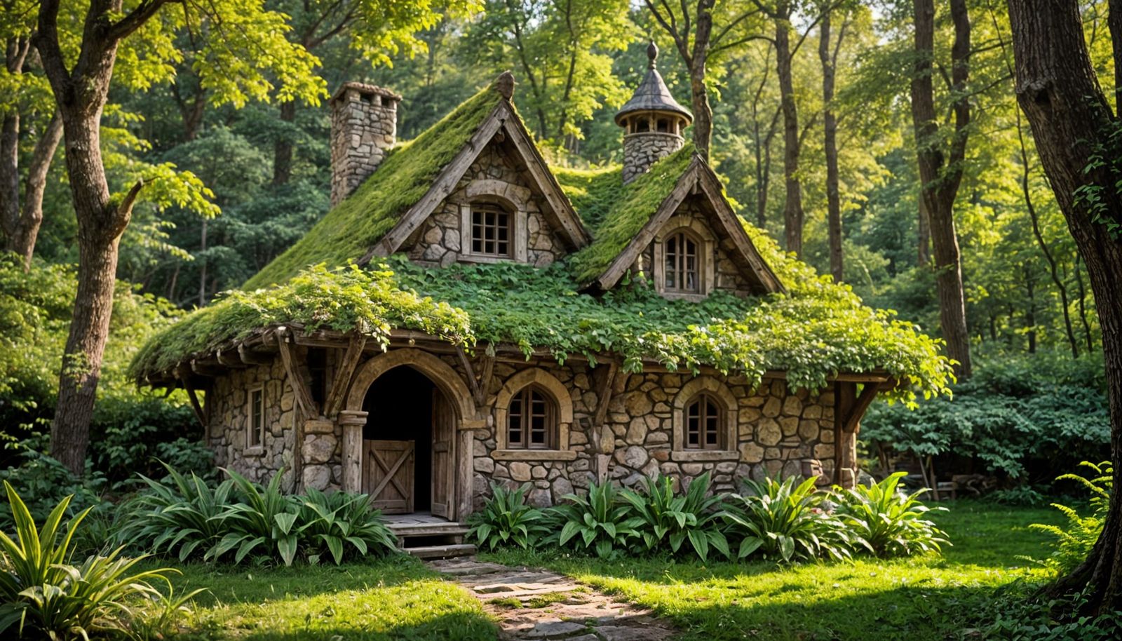 Rustic Woodland Cottage with Curved Roof and Tower