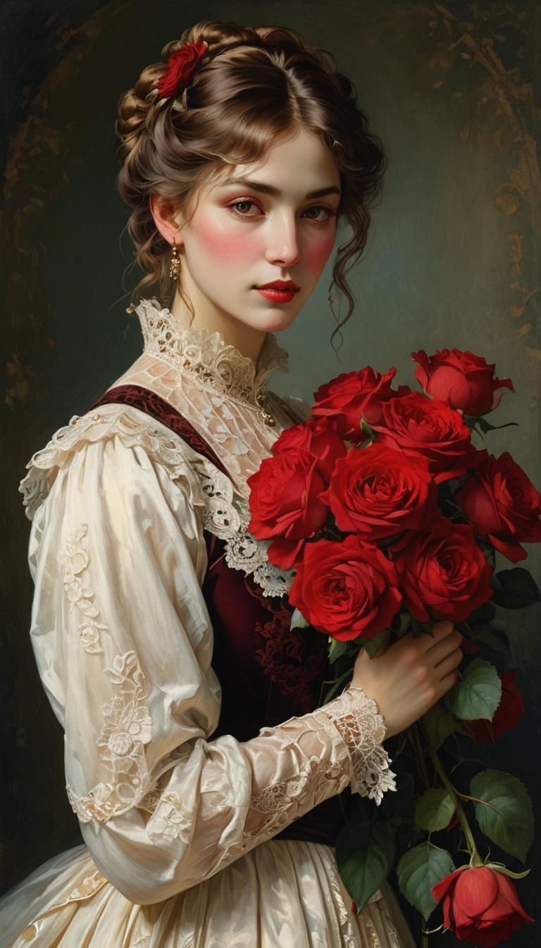 Victorian Woman with Roses: Romantic Oil Painting