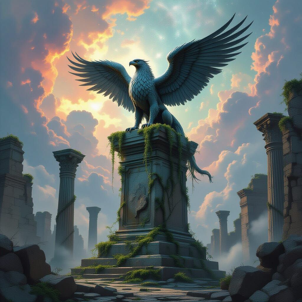 Ancient Griffin in Forgotten City Nebula Sky