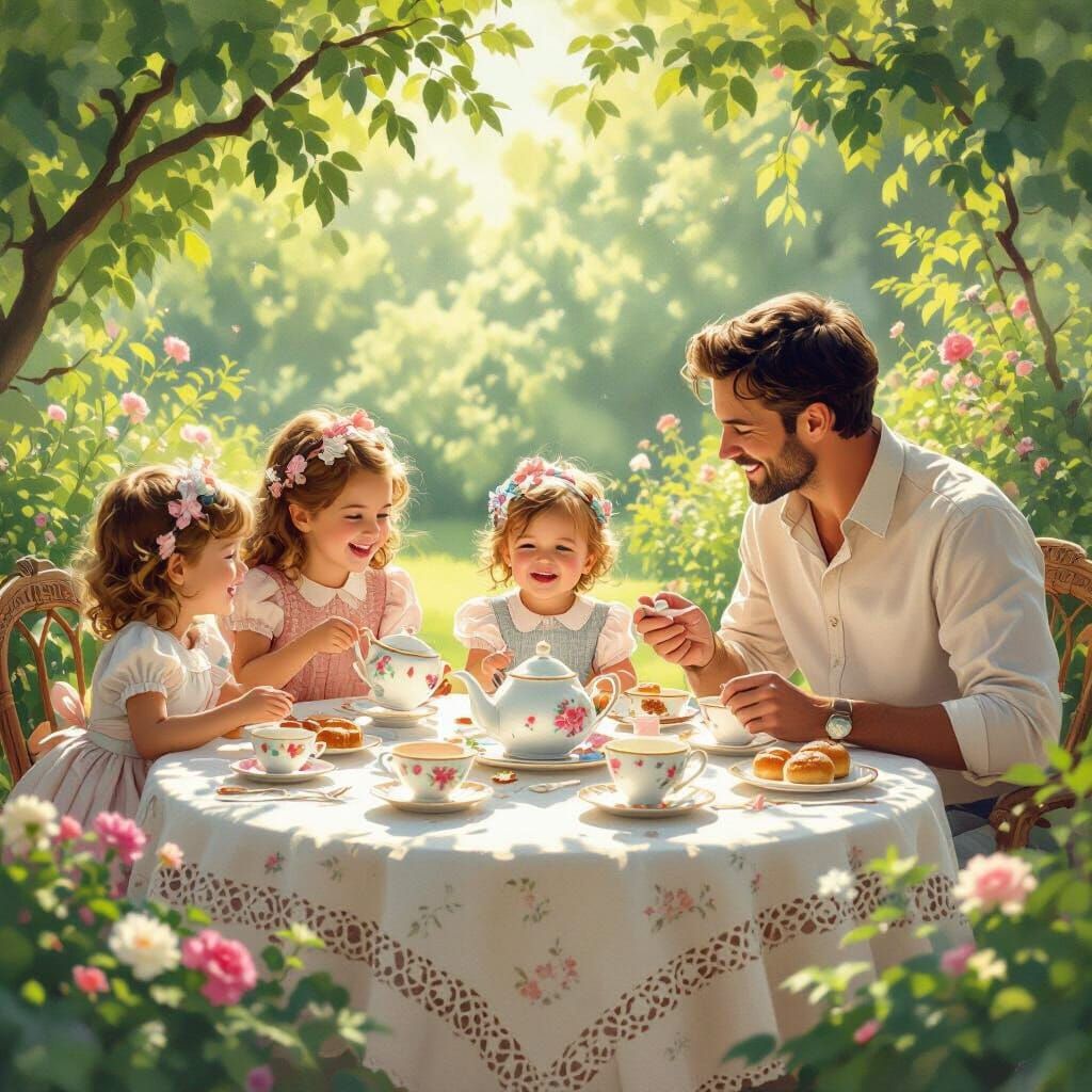 Joyful Family Tea Party in a Sun-Dappled Garden