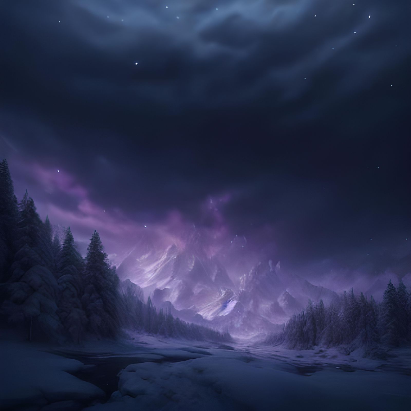 Ethereal Winter Landscape with Dark Forest