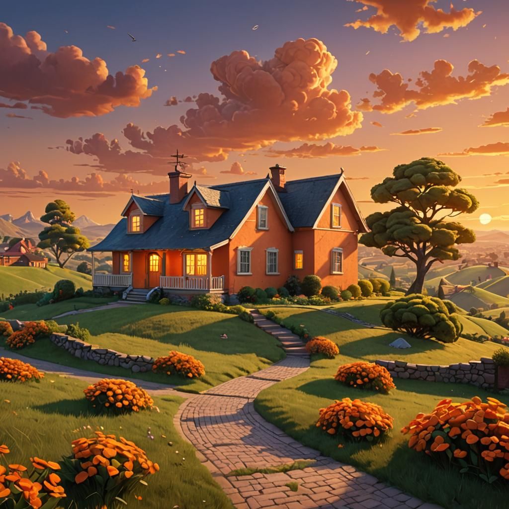 Isolated Orange House at Sunset: 3D Digital Art
