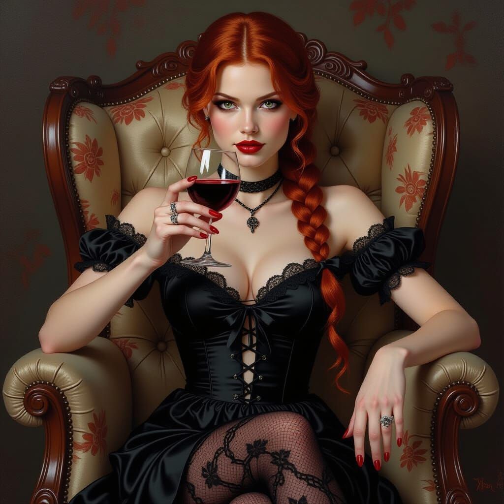 Vampire Sips Wine in Detailed Fantasy Oil Painting