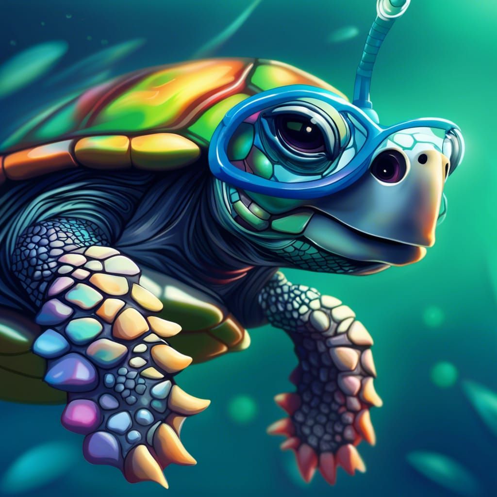 Adorable Turtle Scuba Diver in Hyperrealistic Style