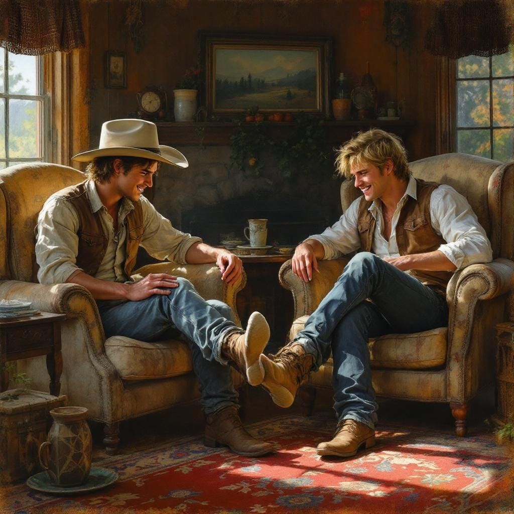 Cozy Cowboys Relaxing in Richly Colored Interior