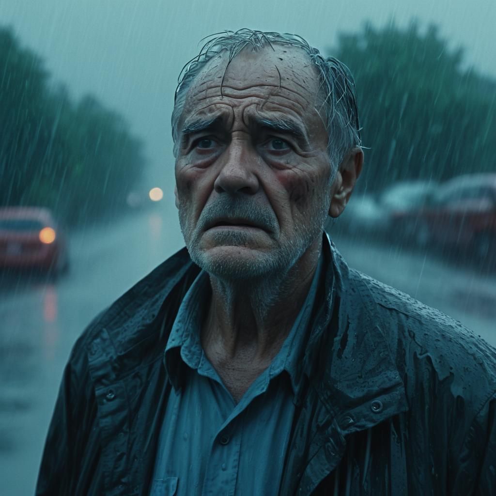 Worried Man in Rainstorm: Cinematic Film Still