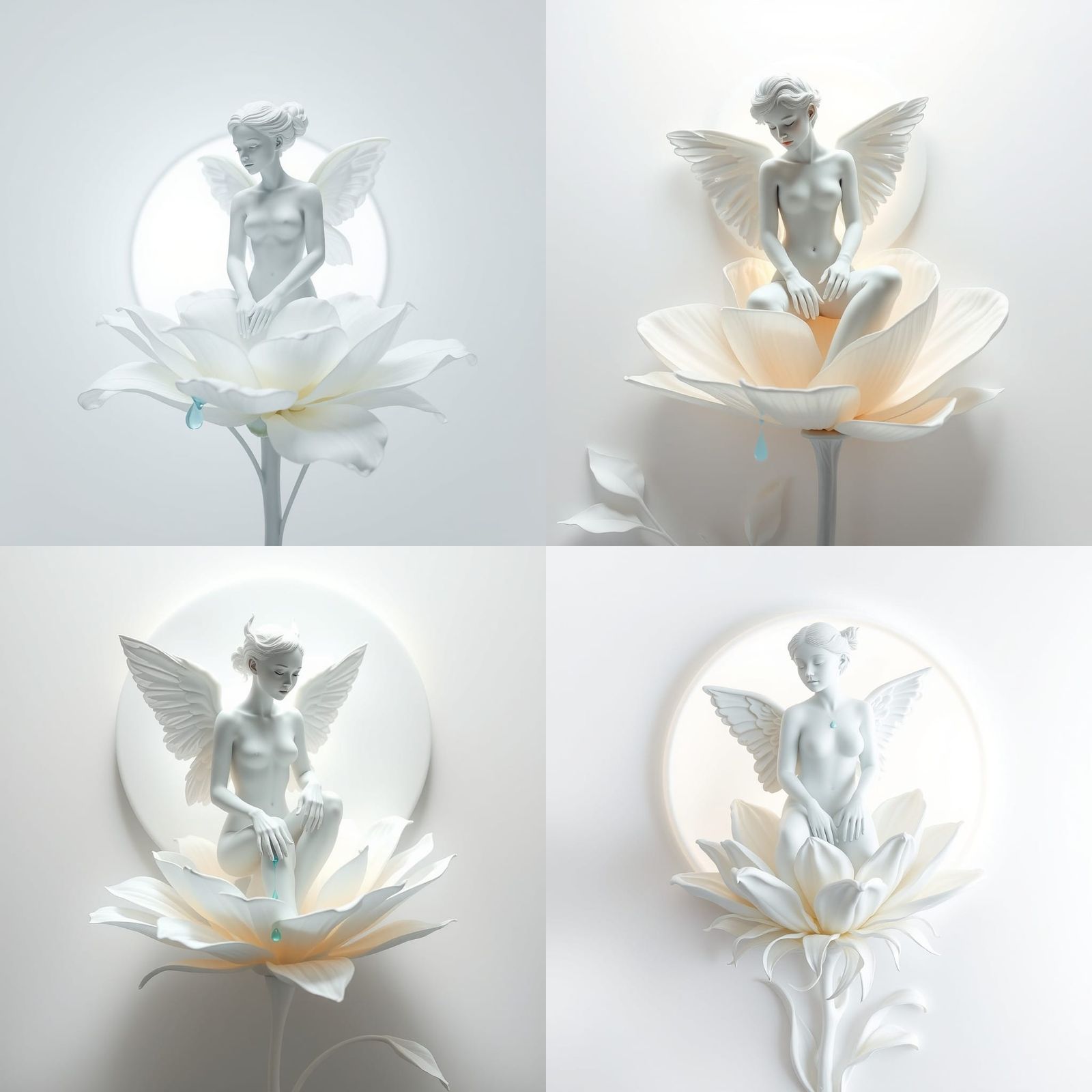 Dreamy White Angel on White Flower with Sunrise