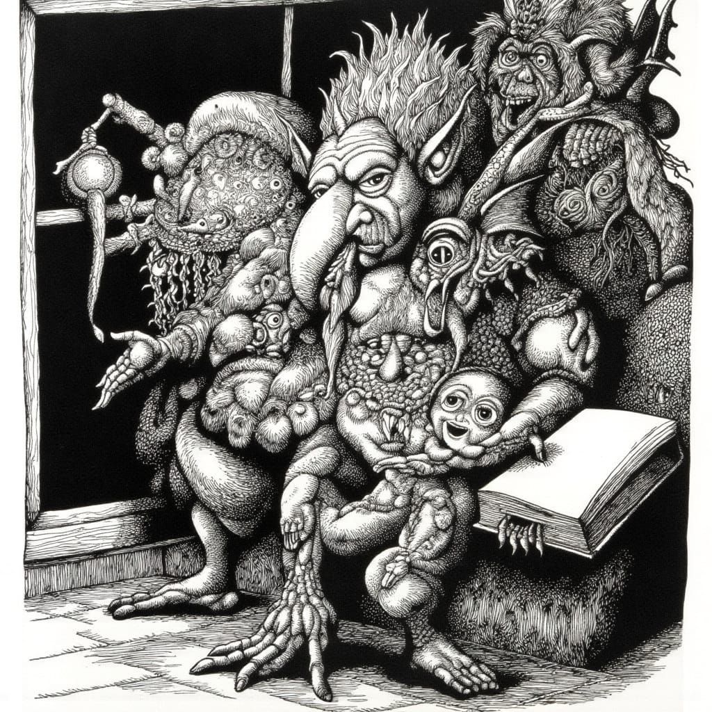 Surreal Troll Man Reads by Window in Dark, Moody Illustratio...