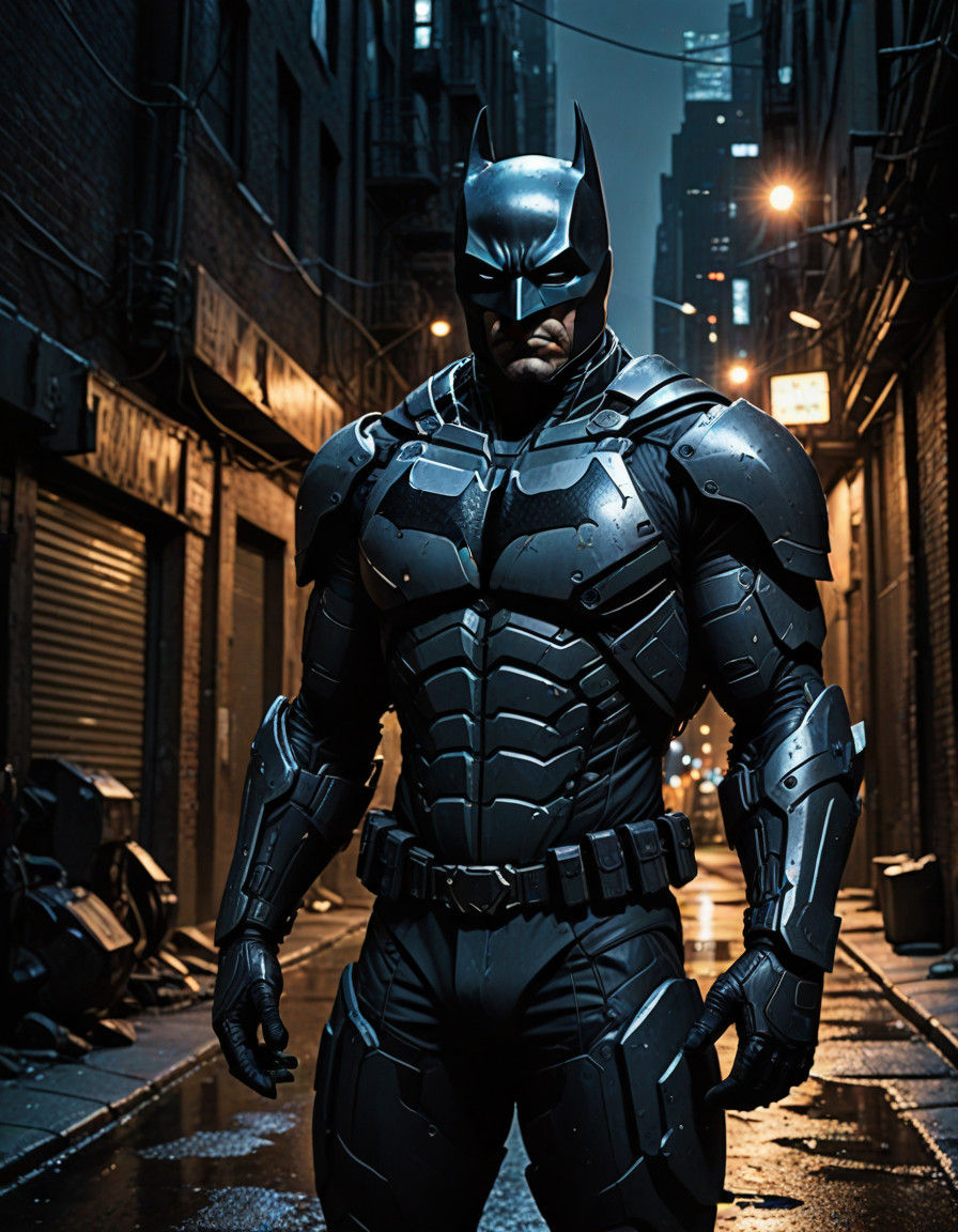 Dark Knight in High-Tech Armor Battles Villains in Neon-Glit...
