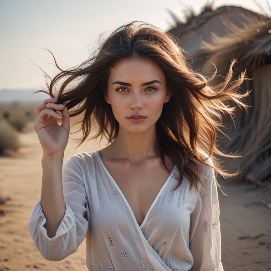 Windswept Woman Brushing Hair in Dusty Atmosphere