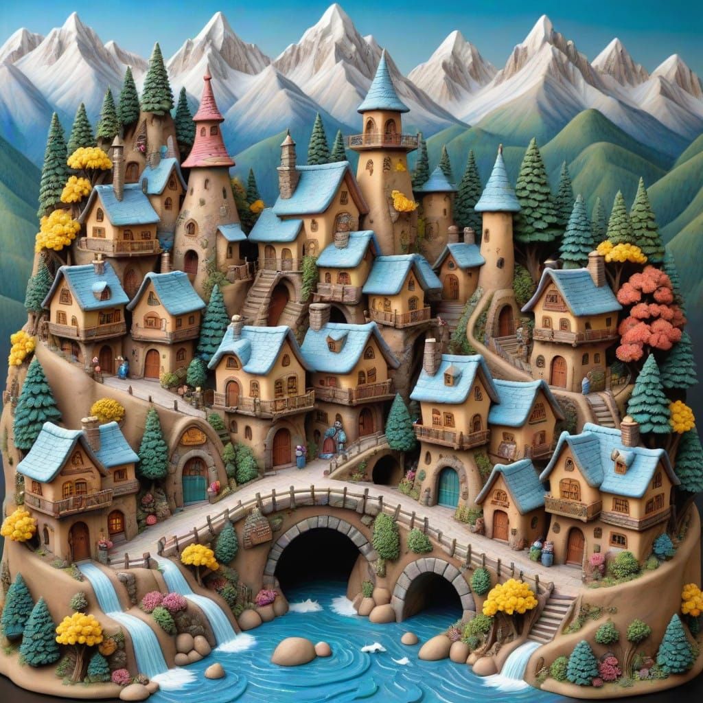 Fantasy Village in Soft Pastel Clay
