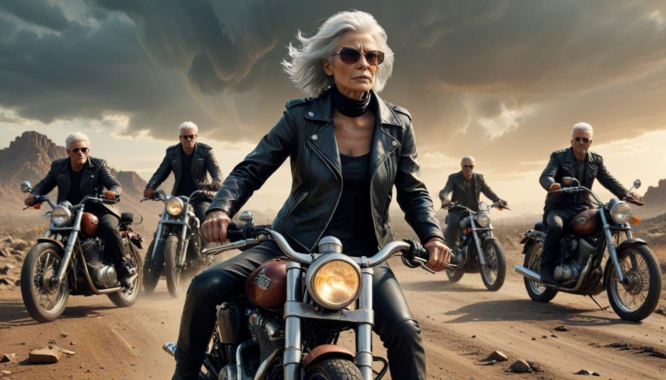 Elderly Woman Leads Motorcycle Gang in Comic Book Style