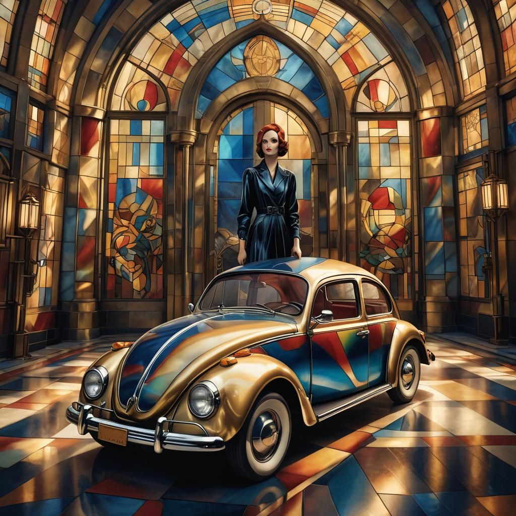 Art Deco Woman and Volkswagen Beetle in Gold Light