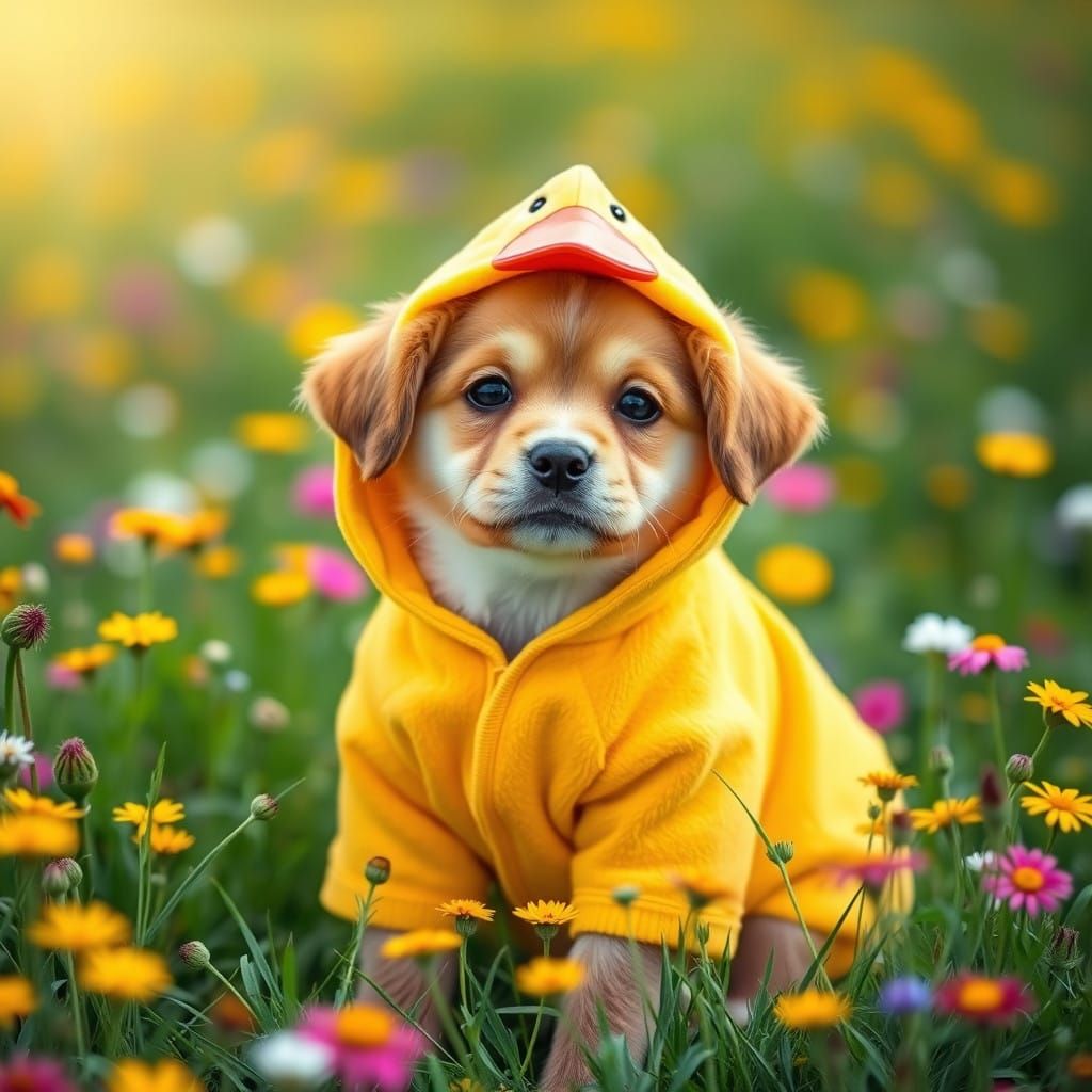 Cuddly Puppy in Bright Yellow Duck Onesie in Lush Green Mead...