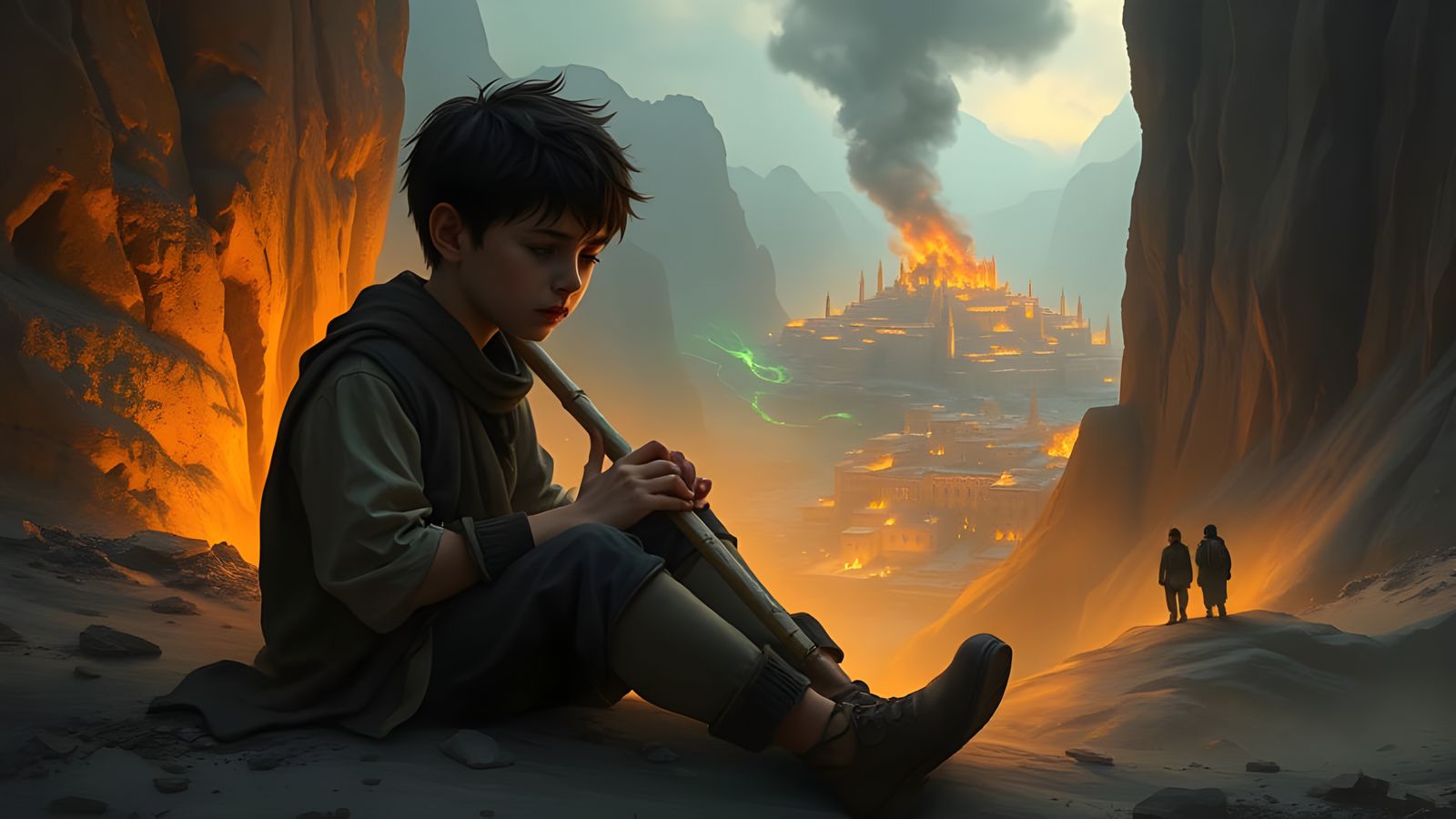Determined Young Bard Amidst a Burning City