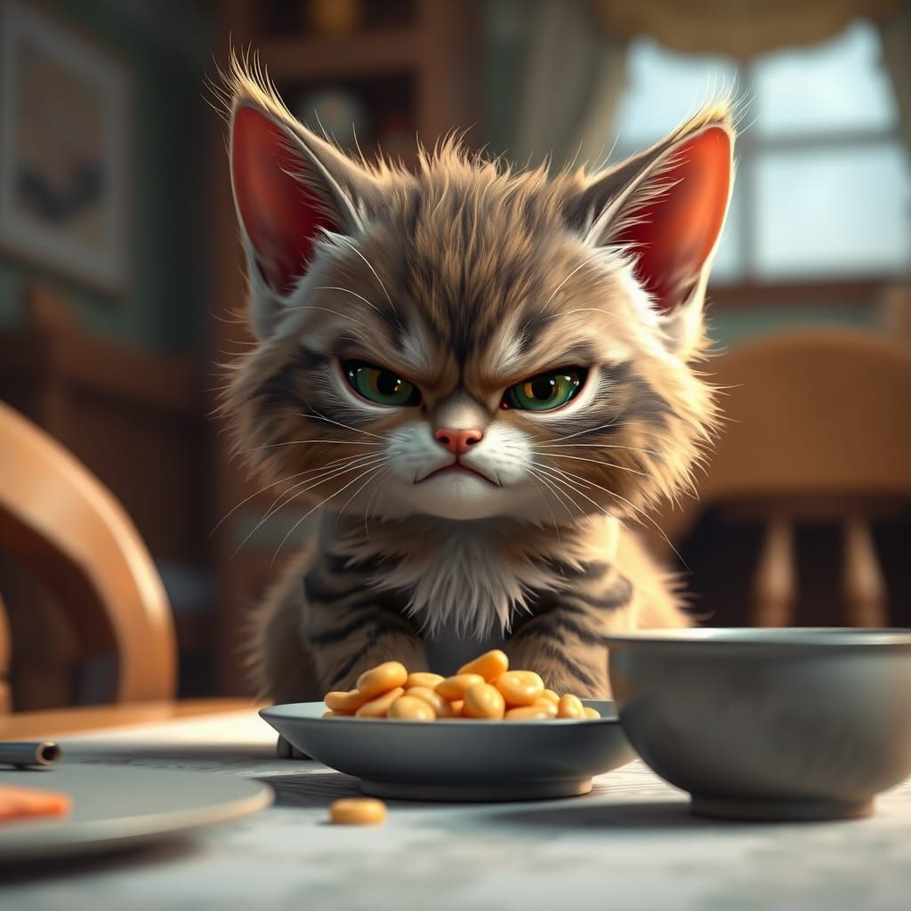 Angry Kitten on Dinner Table: CGI Cartoon Art