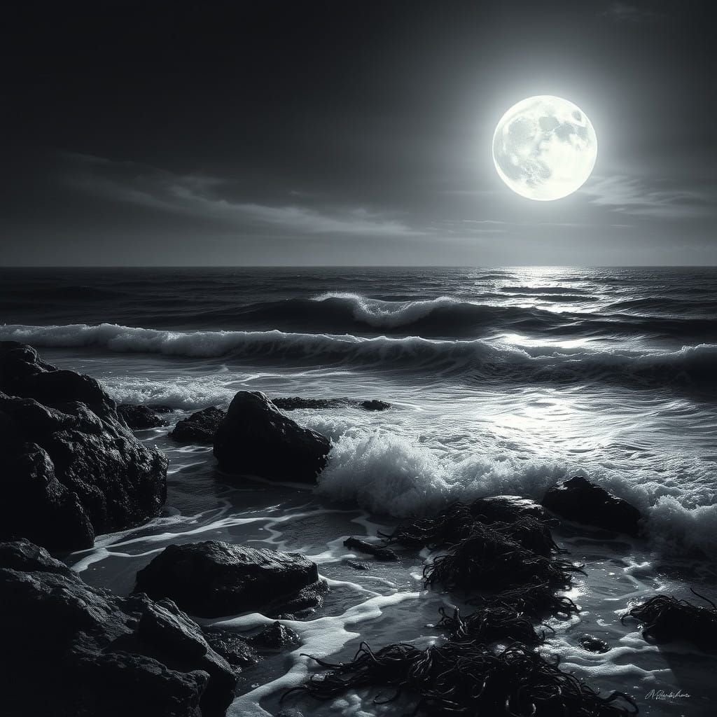 Ethereal Moonlit Seascape in Hyperdetailed Black and White