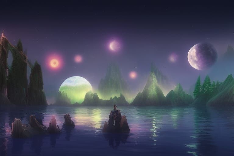 Iridescent Mountain Landscape Under Cosmic Sky