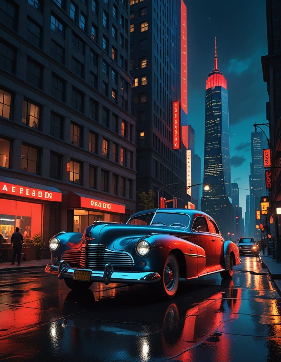 Retro-Futuristic 1940s Sedan in NYC Nightscape