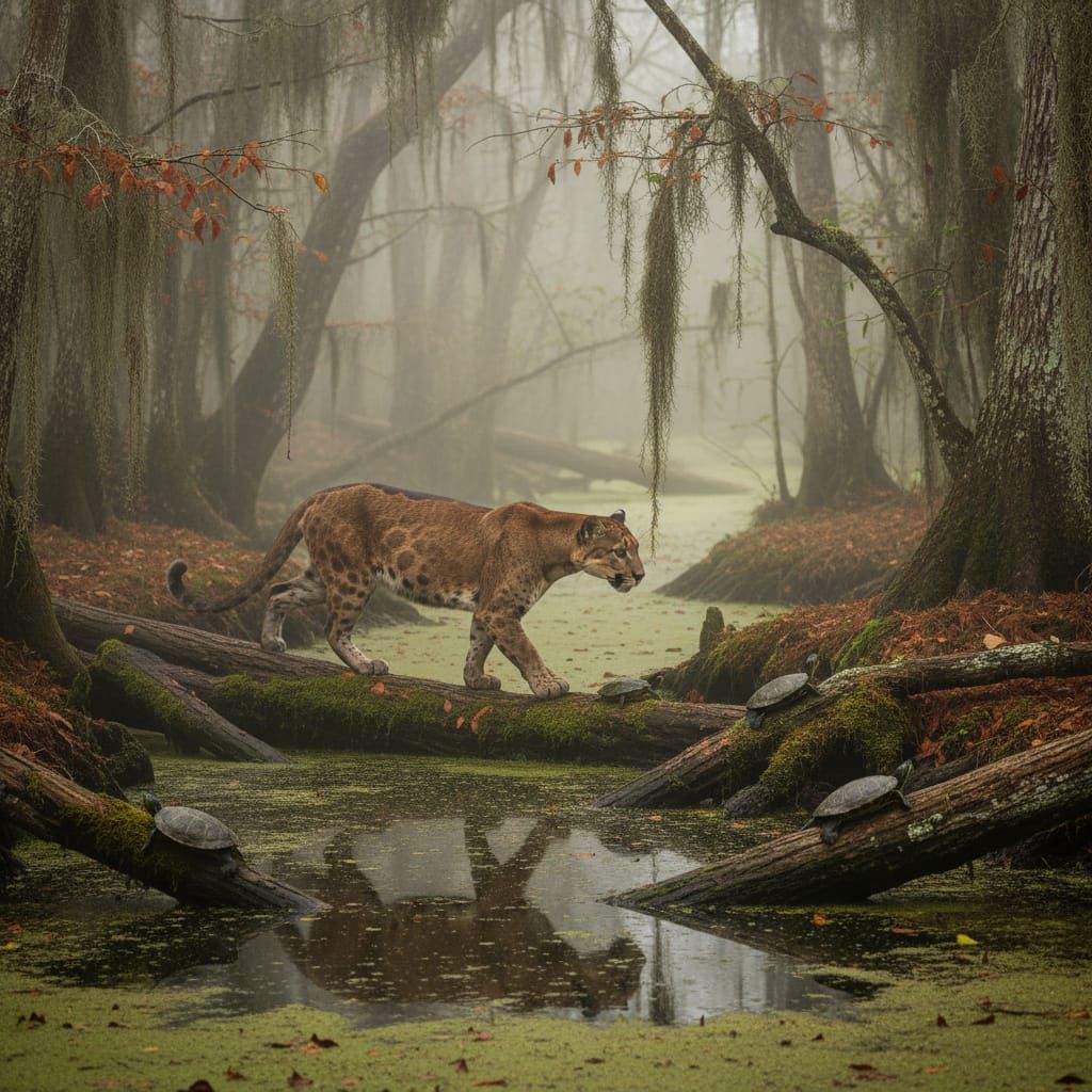Florida Panther Navigates Misty Swamp on Fallen Logs