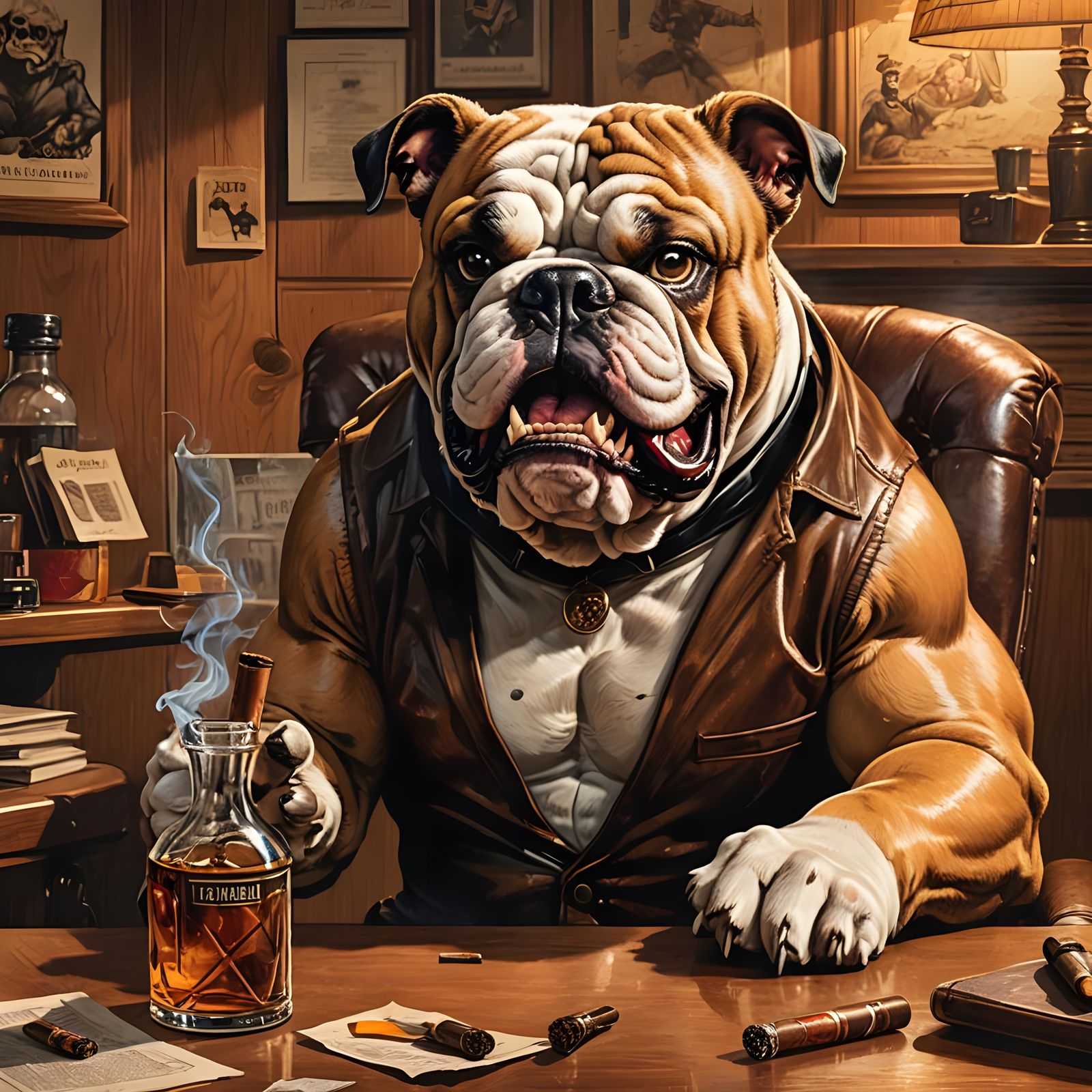 Angry Bulldog Smoking Cigar in Military Beret