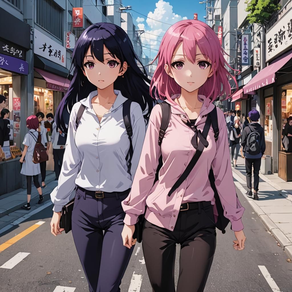 Anime Girls Walking in Street, Manga Style