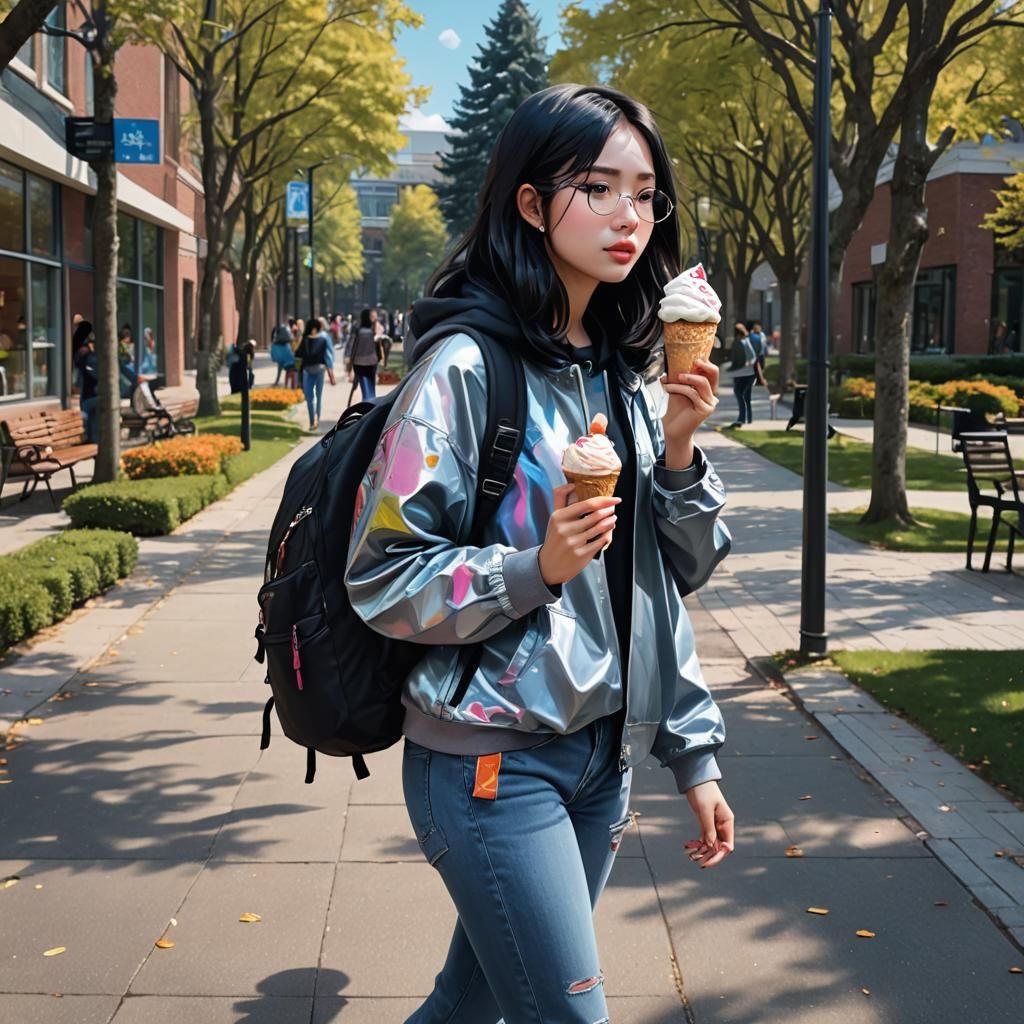 Girl with Black Bob Eating Ice Cream on Campus
