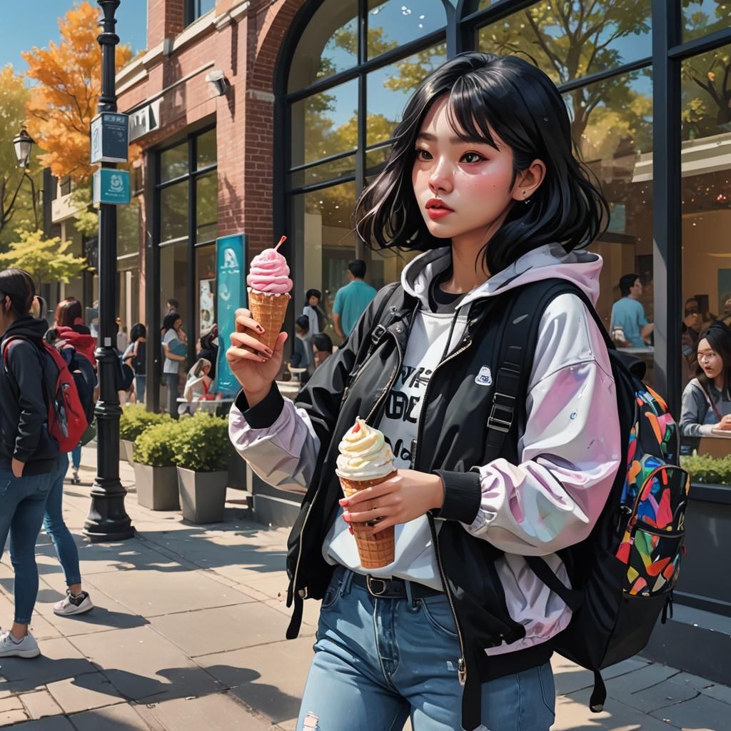 Girl with Ice Cream on Campus in Detailed Painting