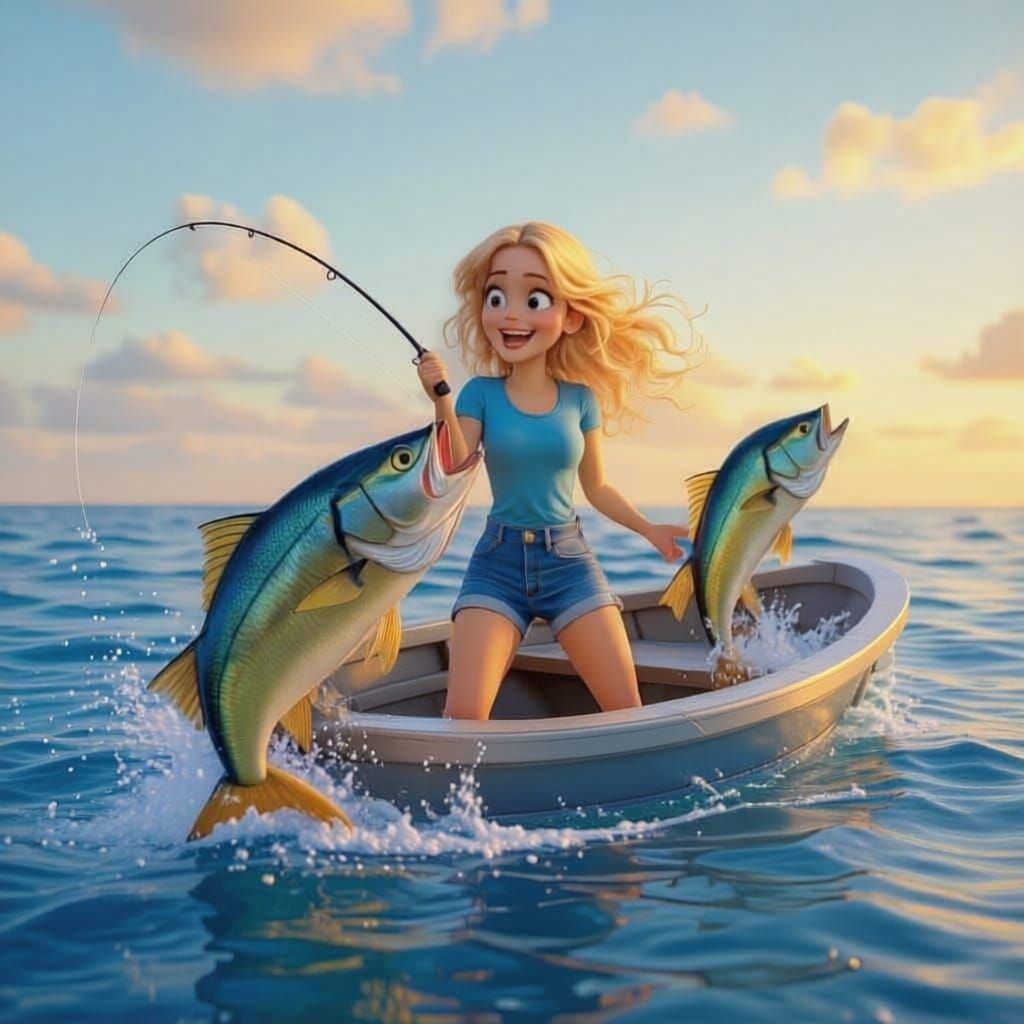Pixar Style Cartoon: Girlfriend Catches Fish on Boat