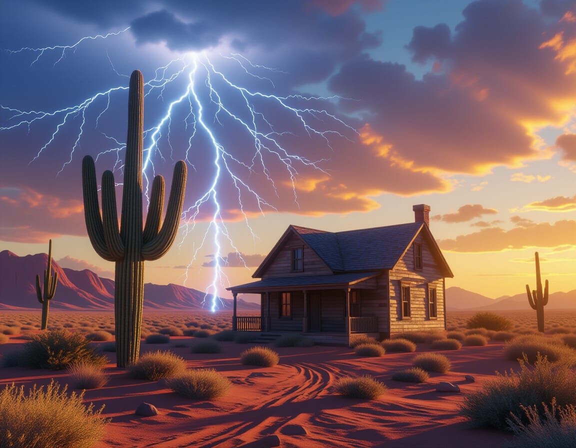 House Struck by Lightning in Desert Landscape