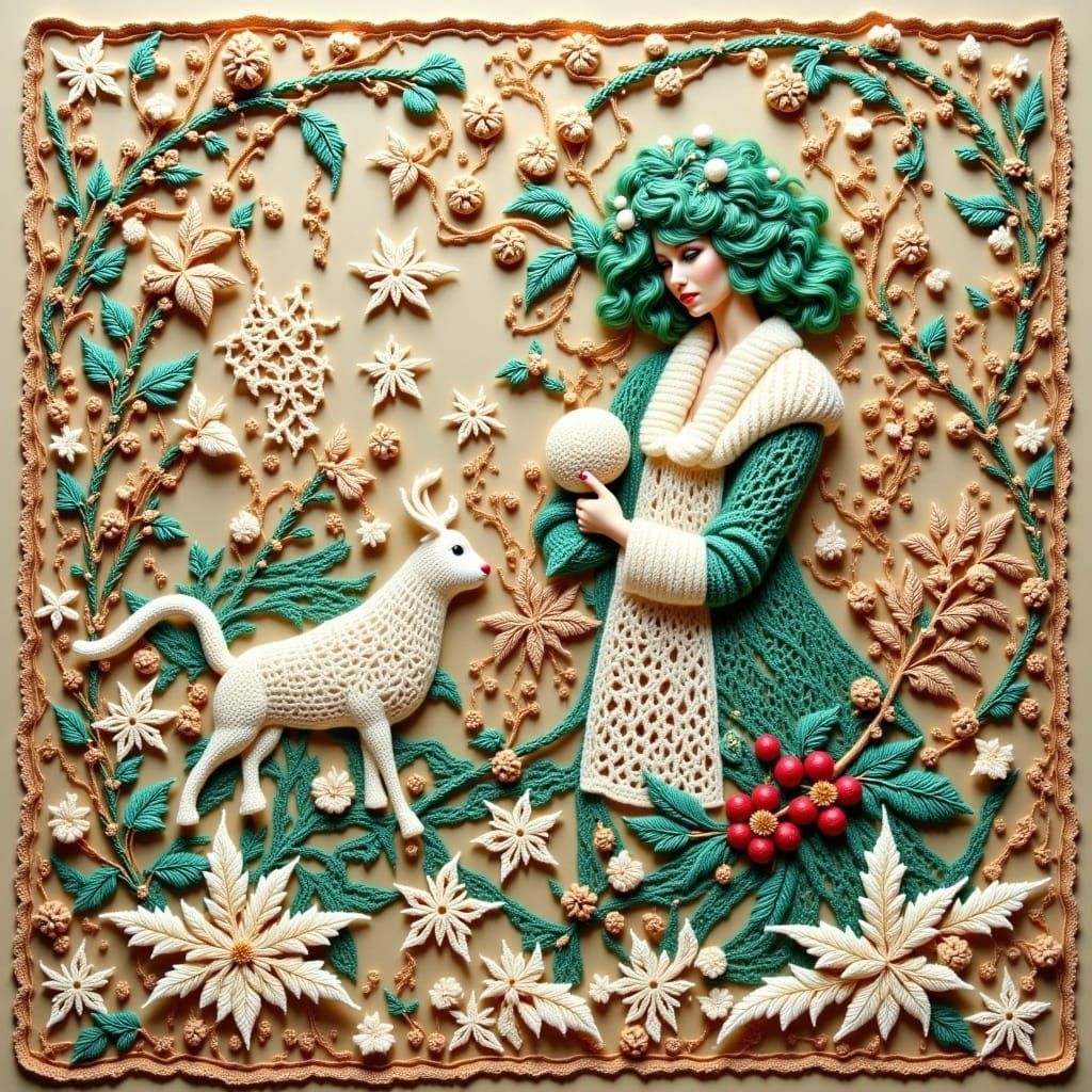 Intricately Crocheted Christmas Scene in Traditional English...