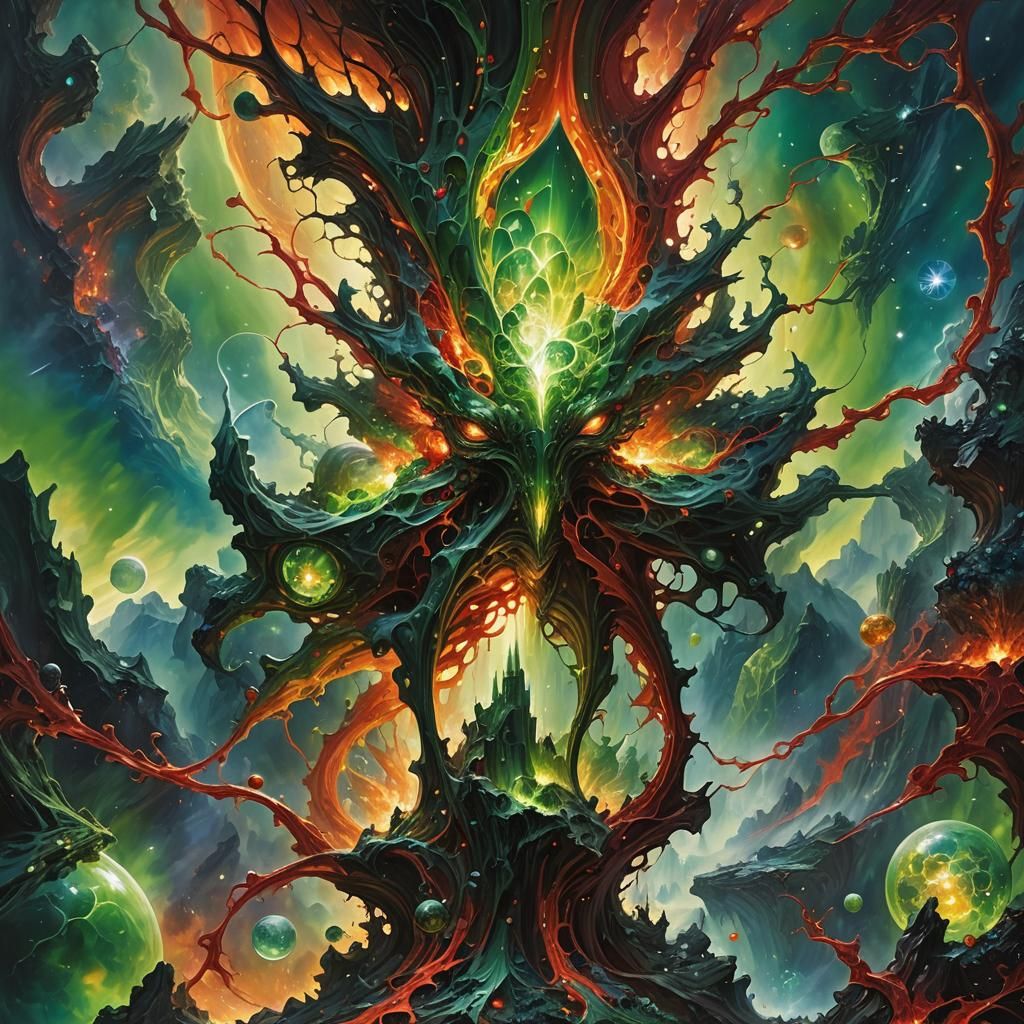 Alien Planet: Towering Crystal in Holographic Oil Painting