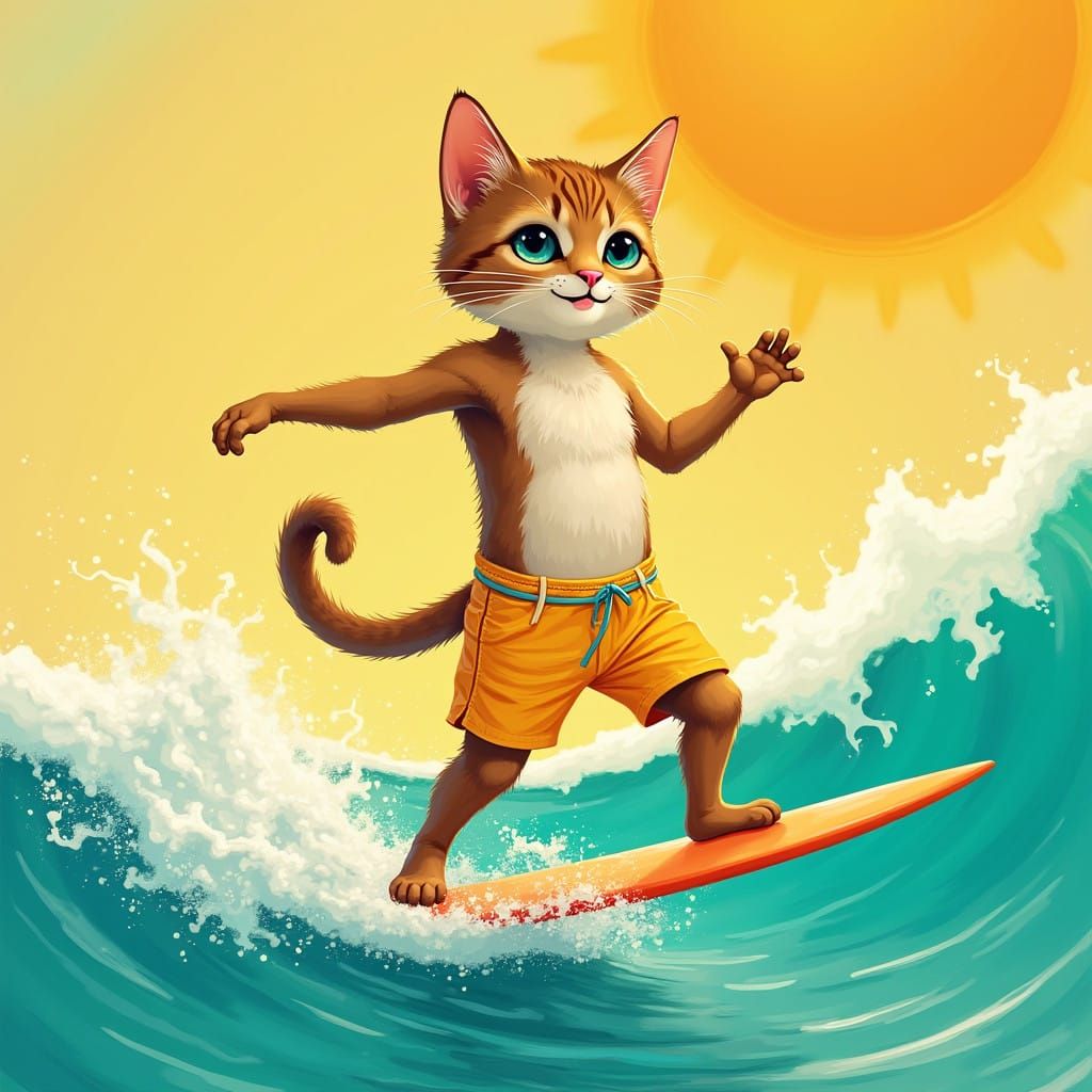 Surfer Cat Rides Turquoise Wave in Golden Swimwear